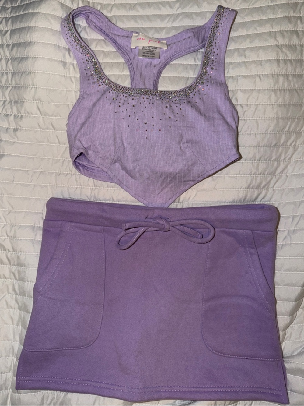 New Pink Lavender Rhinestone Racerback Crop Top & Drawstring Skirt Set